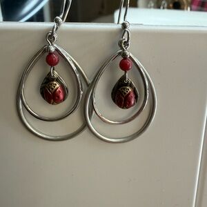 Silver Forest Silver and Red Double Hoop Earrings